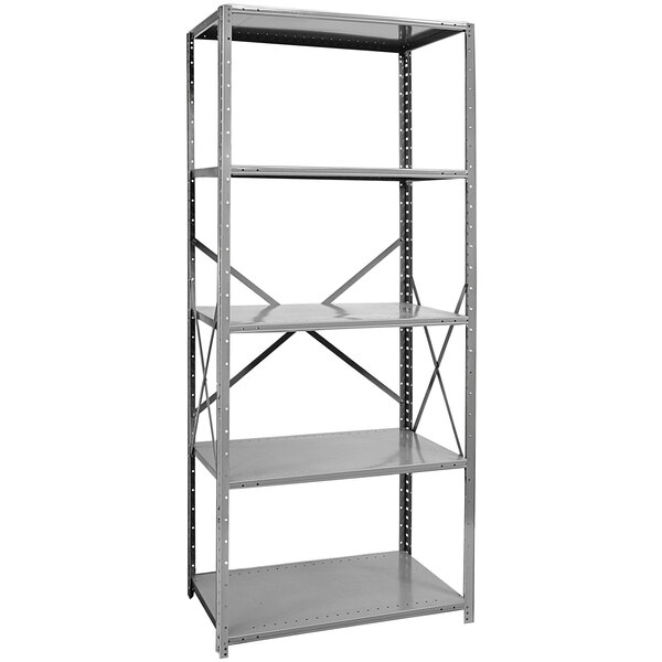 A grey metal Hallowell boltless shelving unit with five shelves.