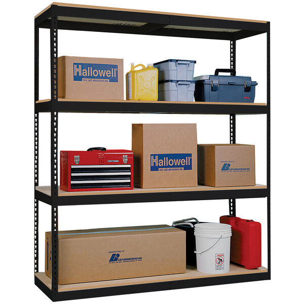 A black Hallowell boltless shelving unit with boxes on shelves.