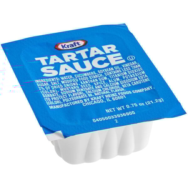 A close-up of a blue and white Kraft Tartar Sauce package.