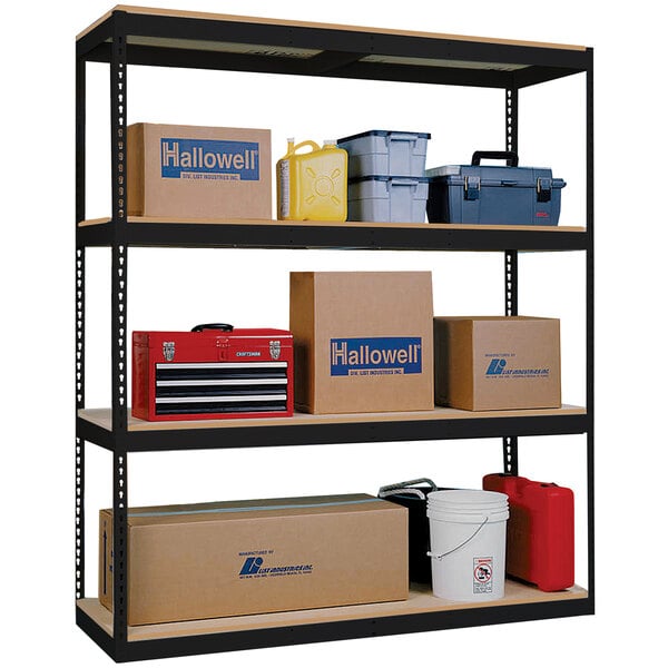 A black Hallowell boltless shelving unit with shelves filled with cardboard boxes.