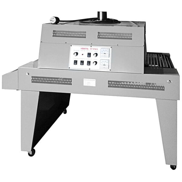 A Sealer Sales Shrink Tunnel machine on wheels.