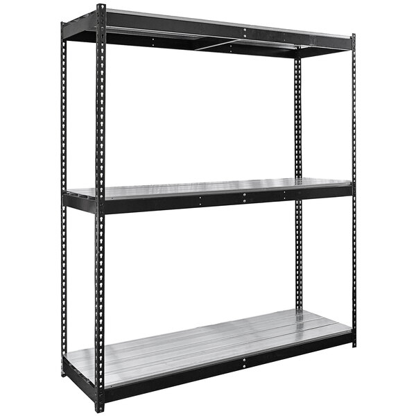 A black Hallowell boltless shelving unit with three shelves.