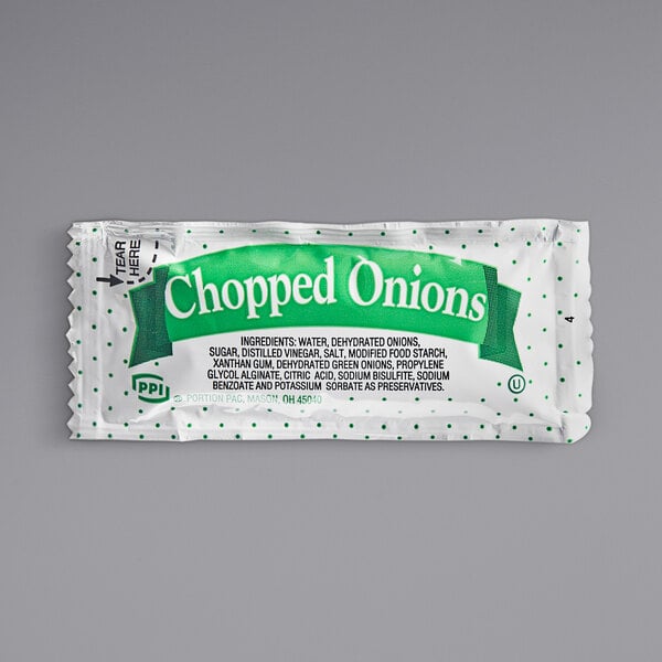 A green package of Chopped Onion with white text on a white background.