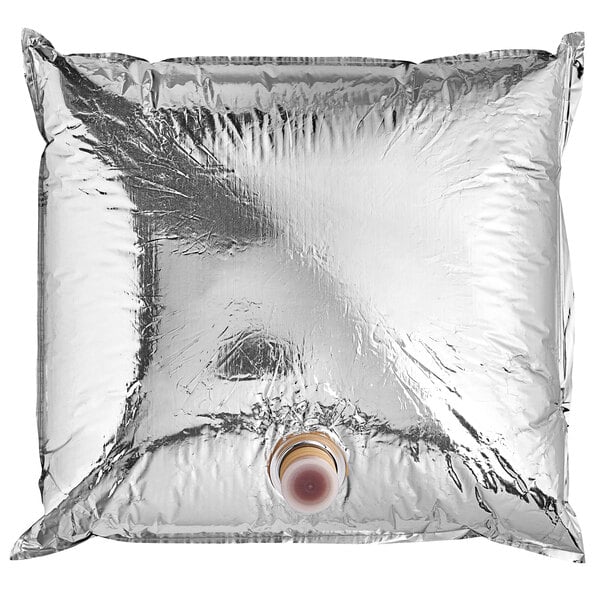 A silver foil bag with a red liquid inside.