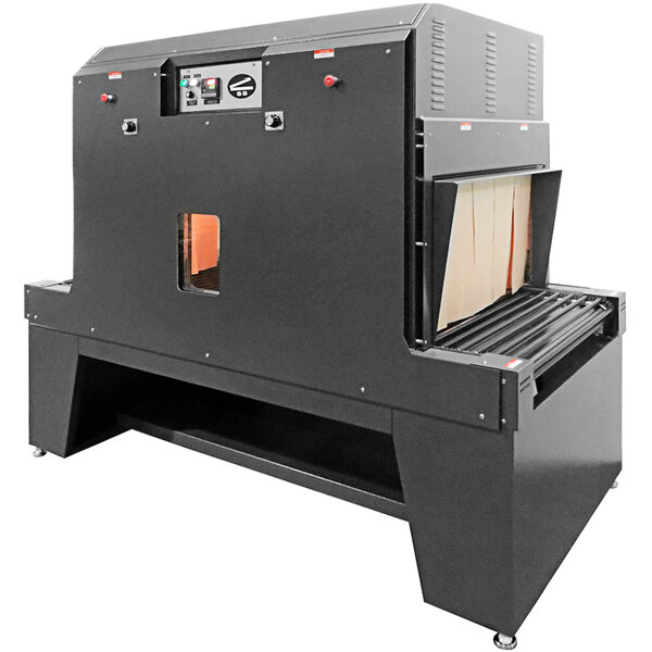 A large black Sealer Sales shrink tunnel machine with a sliding door open.