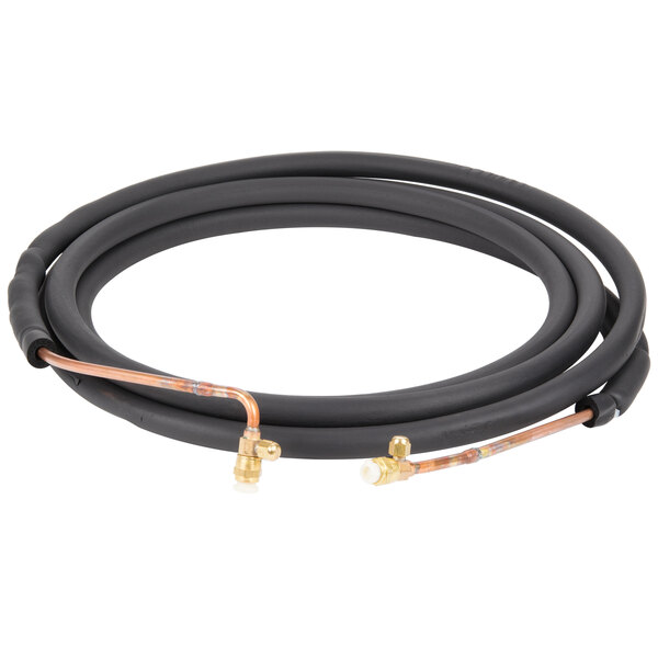 A black tube with copper connectors on the ends.