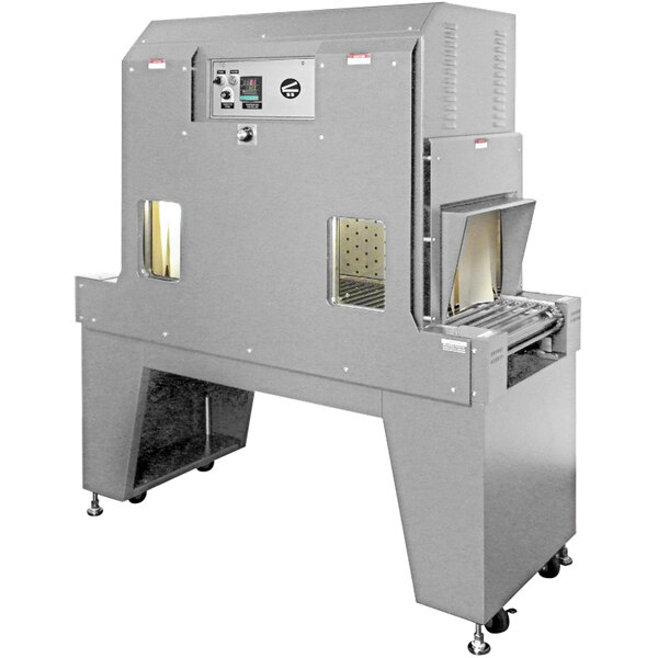A Sealer Sales stainless steel shrink tunnel machine with wheels.