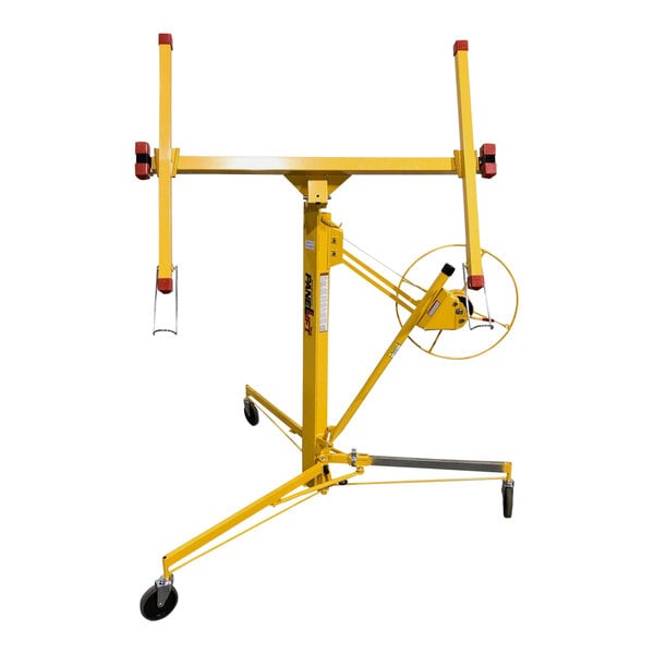 A yellow metal Panellift drywall crane with wheels.