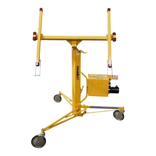 A yellow metal Paragon Pro Manufacturing Solutions Panellift with wheels.