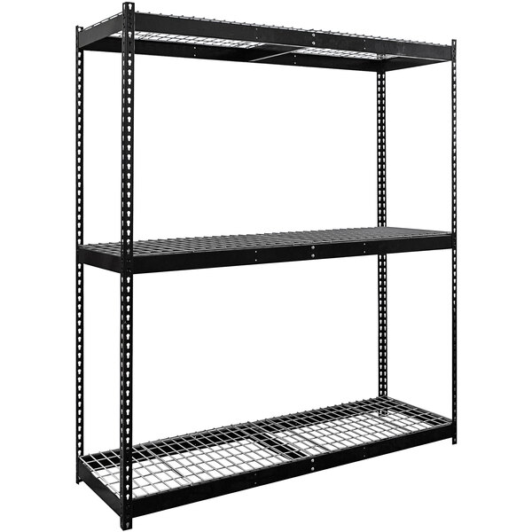 A black metal Hallowell boltless shelving unit with wire decking and two shelves.