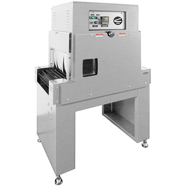A Sealer Sales stainless steel shrink tunnel machine.