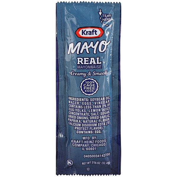 A blue Kraft mayonnaise packet with white text.