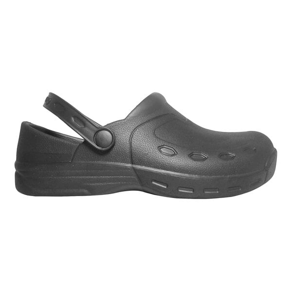 A black clog-style shoe with a textured surface, ventilation holes, and an adjustable heel strap.