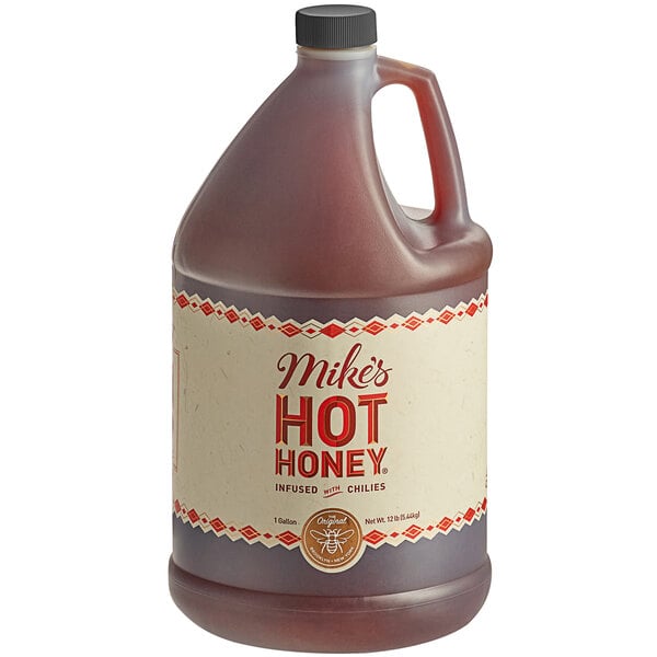 A white jug of Mike's Hot Honey with a red and white label.