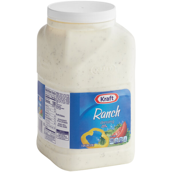 A white gallon container of Kraft ranch dressing with a blue label.