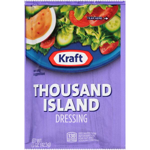 A purple Kraft Thousand Island dressing packet.