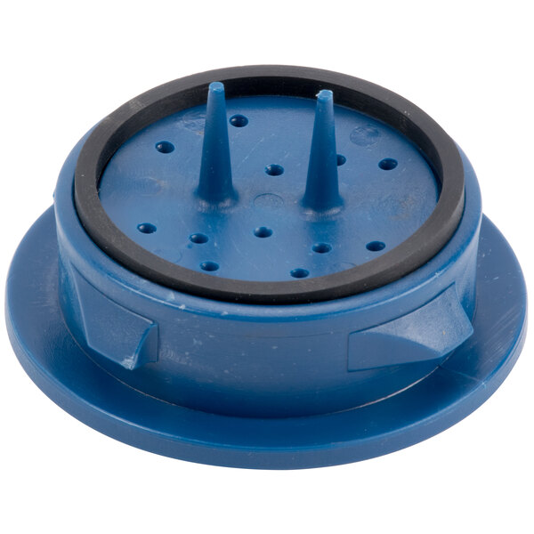 A blue plastic round object with black rubber and a black ring.