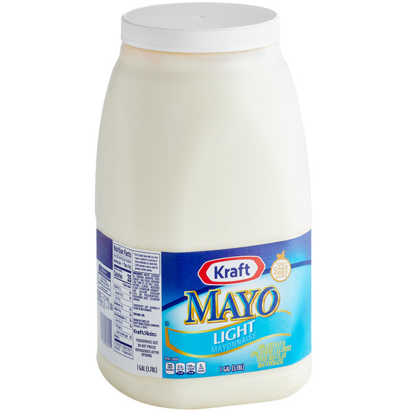A white plastic container of Kraft Light Mayonnaise with a blue label.