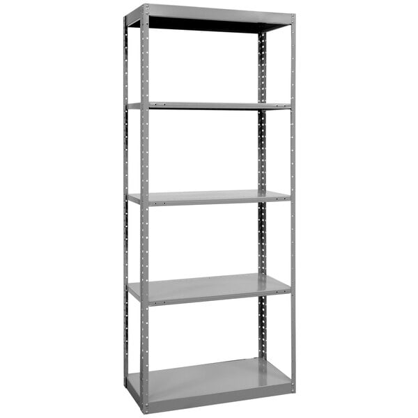 A gray Hallowell metal shelving unit with five shelves.