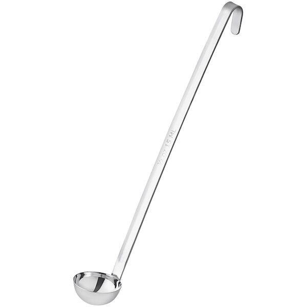 A stainless steel ladle with a curved handle.