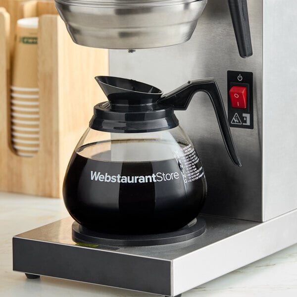 WebstaurantStore Logo 64 oz. Glass Coffee Decanter with Black Handle by Avantco Equipment - 24/Case