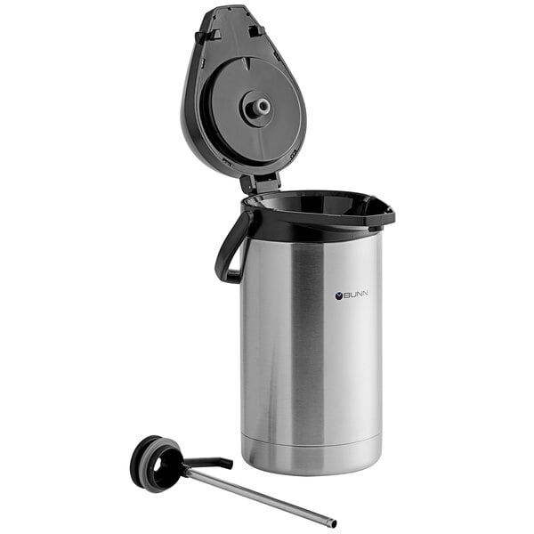 A silver and black Bunn stainless steel coffee airpot with a lever handle.