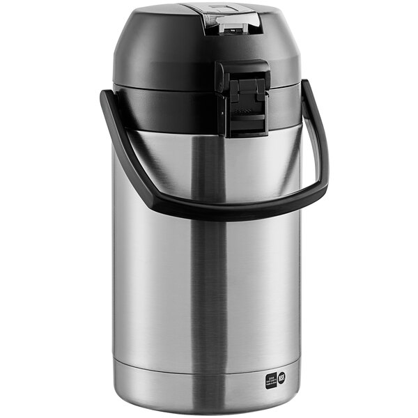 A Bunn stainless steel lever action airpot with a black top.