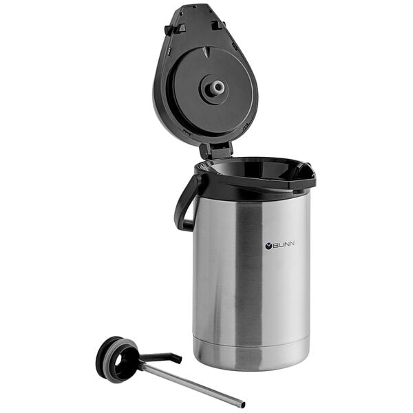 A Bunn stainless steel coffee airpot with a lid.