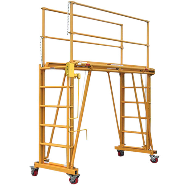 A yellow Paragon Telescoping Scaffold with wheels.
