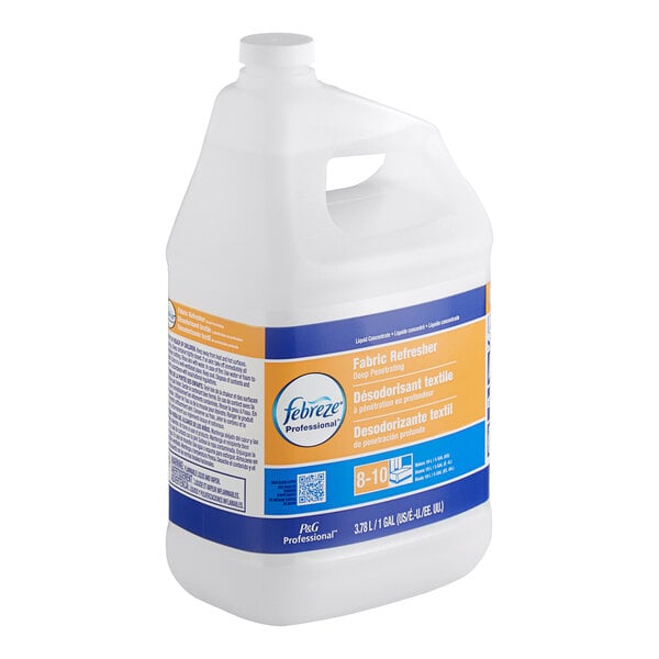 A white container of Febreze Professional Deep Penetrating Fabric Refresher Concentrate with blue and orange label.