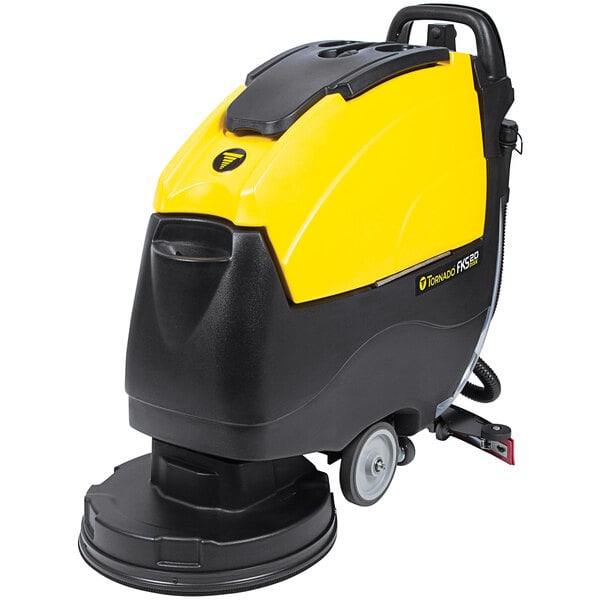 A black and yellow Tornado Floorkeeper 99120BC walk behind floor scrubber with wheels.