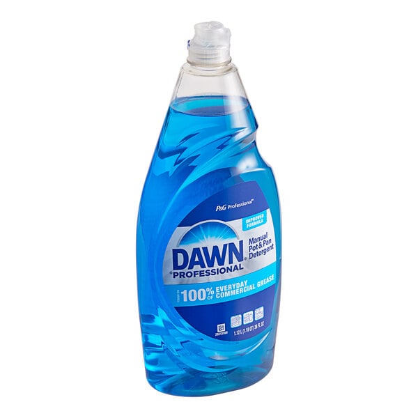 A blue bottle of Dawn Professional manual pot and pan detergent.