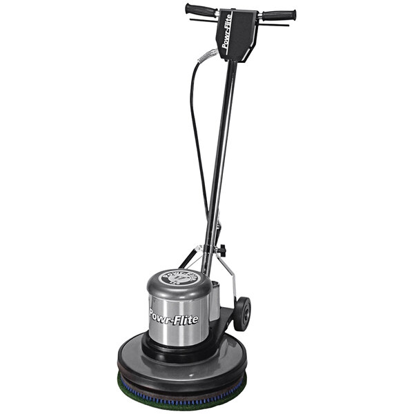 A Powr-Flite Classic floor machine with a black and silver handle and green wheels.