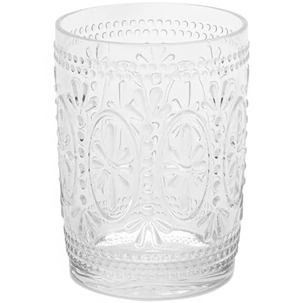 An American Metalcraft Tritan plastic double old fashioned glass with intricate designs.