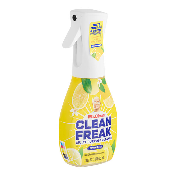 A yellow Mr. Clean spray bottle with a white cap and label for lemon cleaner.