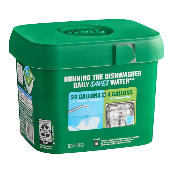 A green container of Cascade Complete ActionPacs on a counter.