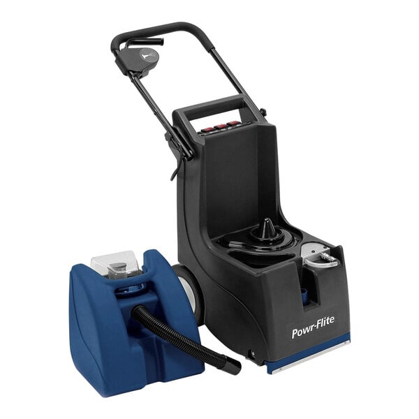 A black and blue Powr-Flite carpet extractor with a blue container and a hose.