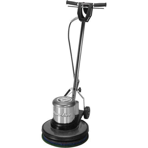 A Powr-Flite Classic floor machine with a black handle and green wheels.