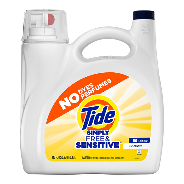 A white bottle of Tide Simply Free & Sensitive liquid laundry detergent with a label.