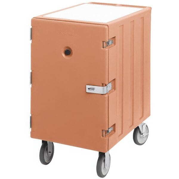 A beige Cambro cart for sheet pans with a door and wheels.