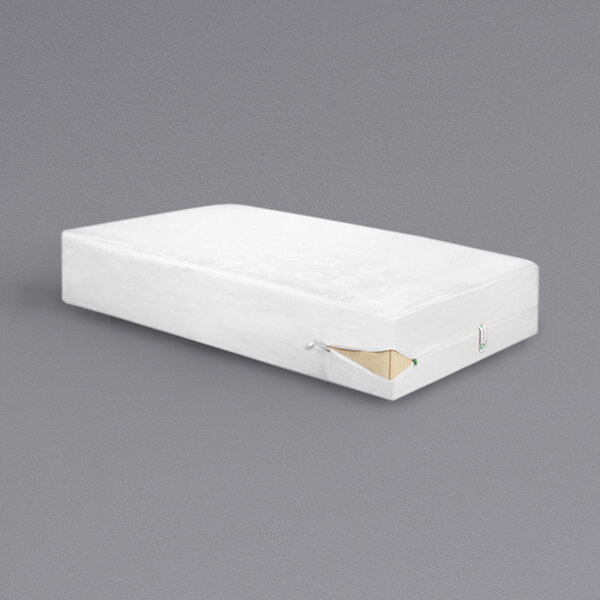 A white box spring encasement for a mattress.