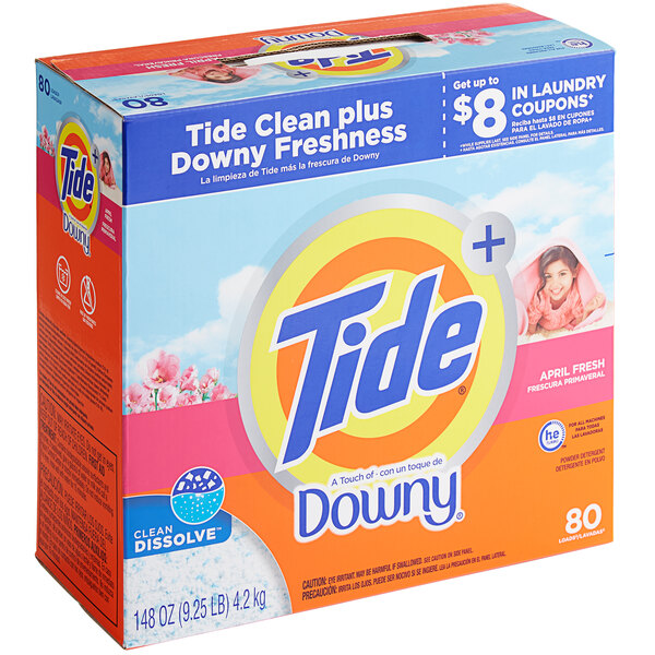 A white and blue box of Tide Laundry Detergent Powder Plus A Touch of Downy with the Tide logo and a picture of a Downy ball.