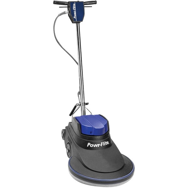 A blue and black Powr-Flite Millennium floor burnishing machine with a handle.