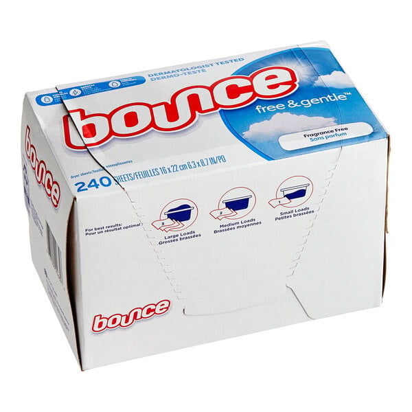 A box of Bounce Free & Gentle fabric softener dryer sheets.