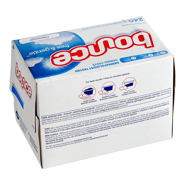 A white box of Bounce Free & Gentle fabric softener dryer sheets with blue and red text.