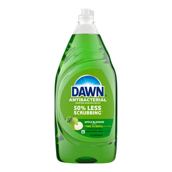 A green bottle of Dawn Ultra Antibacterial Apple Blossom dish soap.