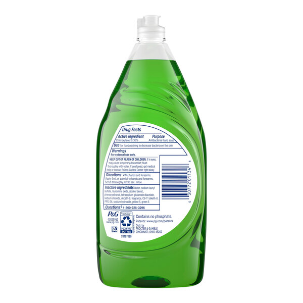 A green bottle of Dawn Ultra Antibacterial Apple Blossom dish soap.