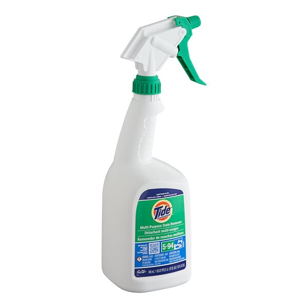 A white bottle with a green and white Tide label and a green spray trigger.
