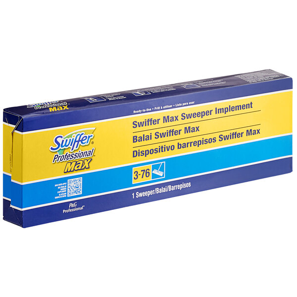 A blue and yellow Swiffer Professional box with white text on a white background.