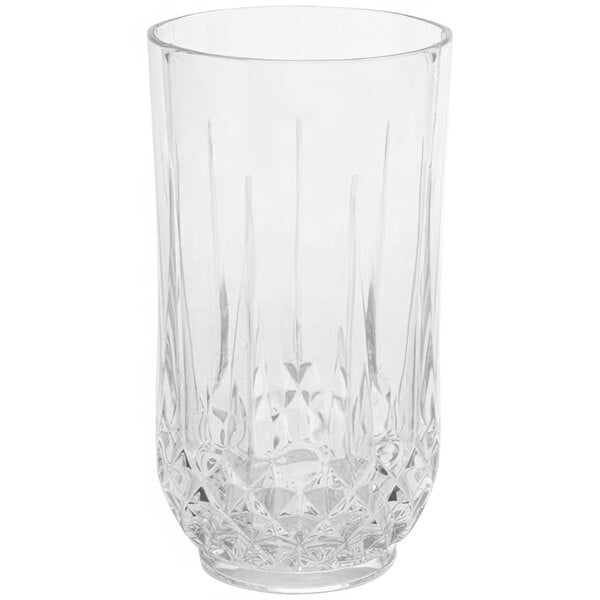 An American Metalcraft Hadley Collection clear Tritan plastic highball glass with a diamond pattern.